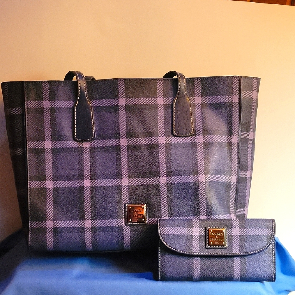 Dooney & Bourke Blue and Black Plaid Tote and Wallet